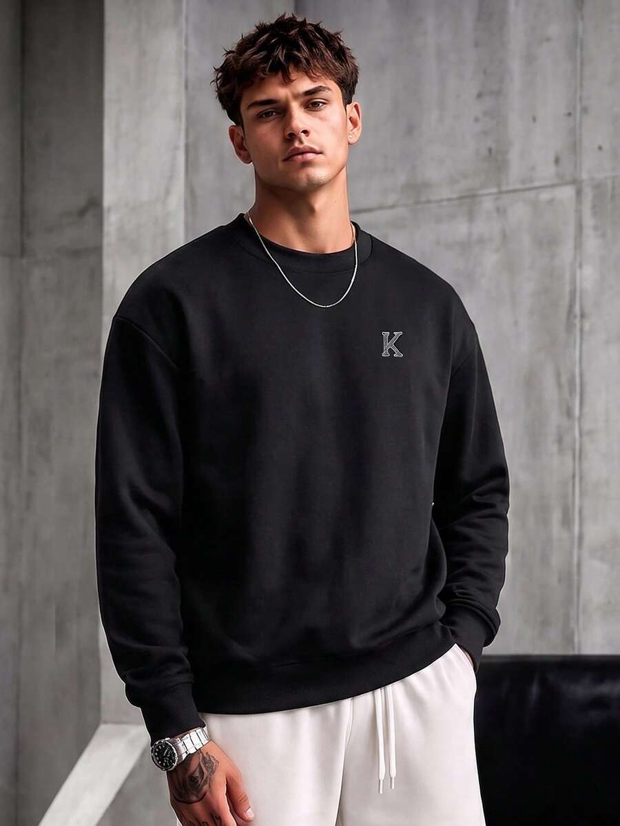 Krometka Men's Casual Versatile Gray Letter Print Crew Neck Sweatshirt, Suitable As Gift For Husband, Boyfriend, Or Friend, Spring/Autumn - Black - View 1
