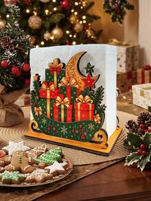 1Pc Wooden Santa Sleigh Napkin Holder, Christmas Gift Box Tissue Rack, Standing Tabletop Decor For 2026 Xmas Holiday Dining Table Kitchen - Multicolor - View 7