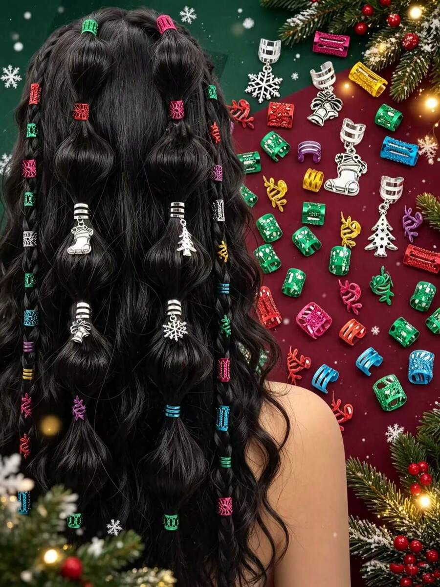 64pcs Macaron Color Assorted Dirty Christmas Tree Snowflake Braided Hair Rings, Holiday Essential Women's Hair Accessories - Multicolor - View 1