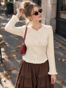 3D Floral Knit Cardigan With Ruffle Cuffs - Sweet And Comfortable Women's Winter Sweater, Perfect For Christmas And Holiday Parties - White - View 3