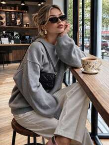 Autumn/Winter New Women's Pink Round Neck Long Sleeve Knit Sweater, Loose Minimalist Versatile Drop Shoulder Pullover - Medium Gray - View 2