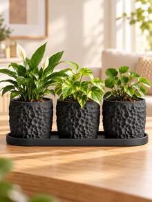 3pcs Indoor Plant Pots Set With Drainage Holes And Trays, Modern Textured Planters For Indoor Greenery, Succulents, Herbs, Cacti, Pothos And Other Small Plants, Suitable For Windowsill, Desktop, Shelf, Living Room, Office And Garden Decor - Multi-color - View 1