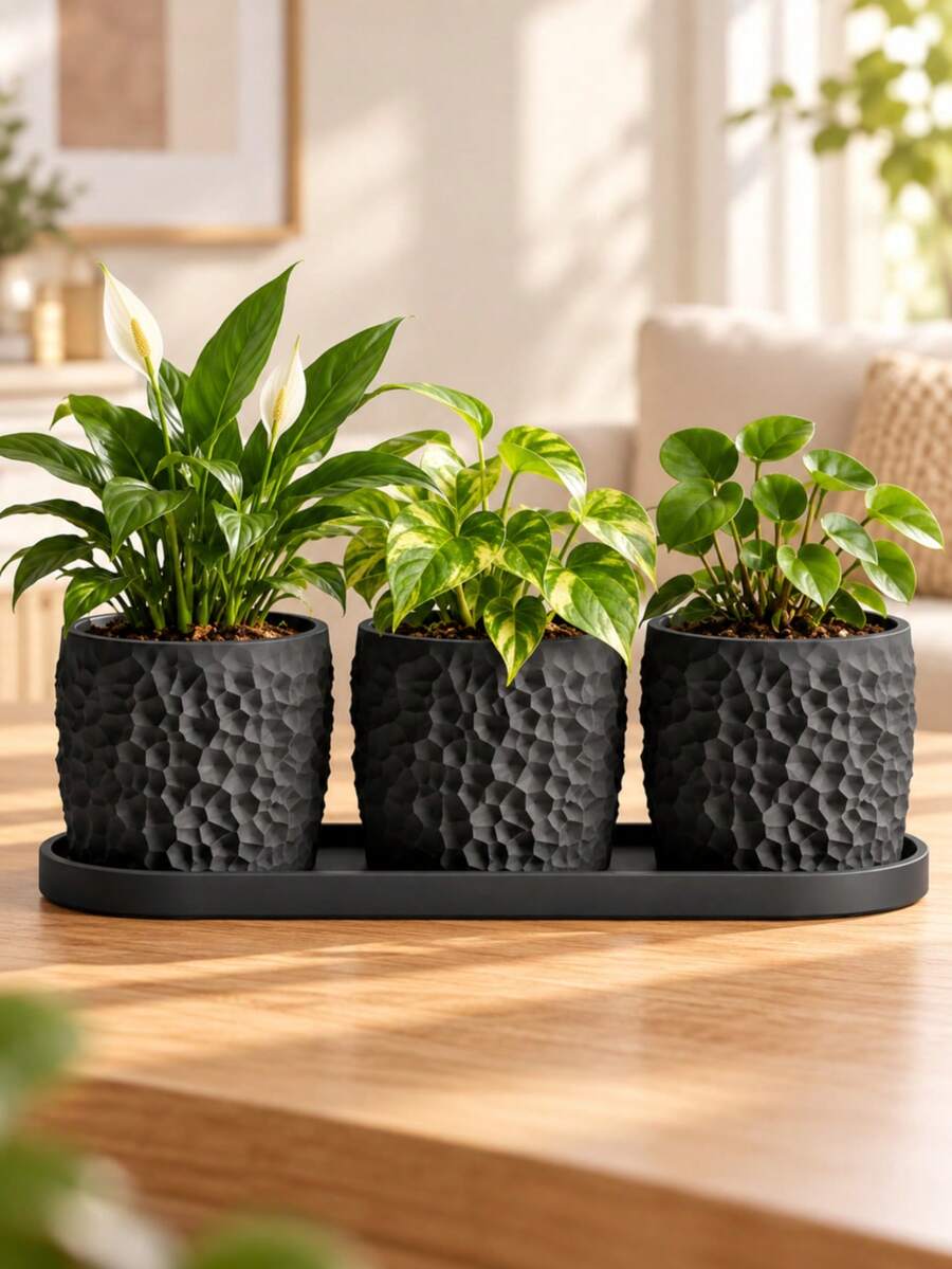3pcs Indoor Plant Pots Set With Drainage Holes And Trays, Modern Textured Planters For Indoor Greenery, Succulents, Herbs, Cacti, Pothos And Other Small Plants, Suitable For Windowsill, Desktop, Shelf, Living Room, Office And Garden Decor - Multi-color - View 1