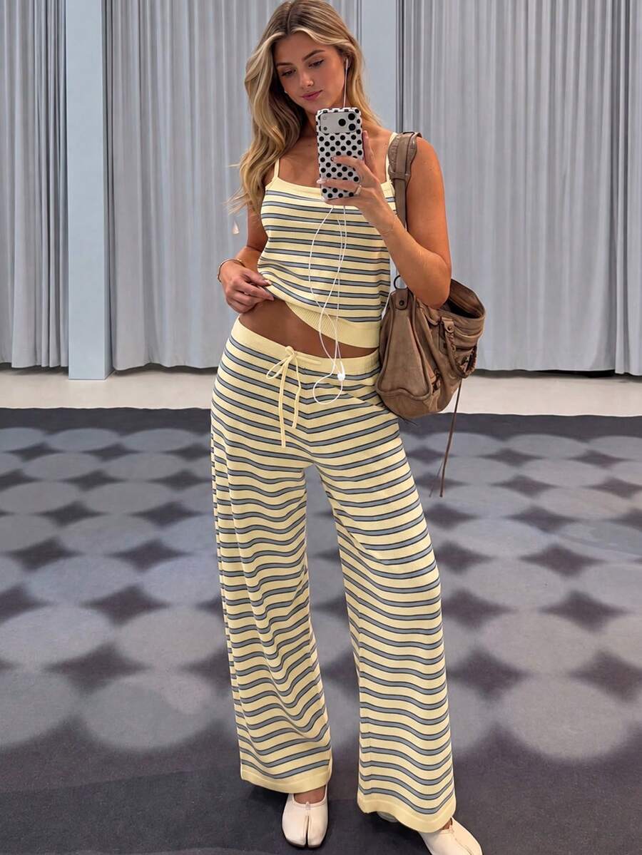 New Striped Knit Vacation Street Style Set, Spaghetti Strap Top + Wide Leg Pants, Casual 2 Pieces Outfit - Yellow - View 1