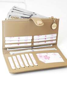 Dompet Lipat Panjang Wanita Bahan PU dengan Tekstur Tenun dan Motif Patchwork, Gesper Cantik dan Penutup Magnetik, Tempat Kartu Multifungsi, Pengatur ID, Dompet Genggam Ringkas dengan Dompet Koin Berresleting - Aprikot - View 5