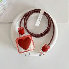 5件裝粉色愛心形保護線材套，適用於充電器18W/20W快充，軟殼保護套，相容 16/15/14/13充電器，理想禮物 - 酒紅色 - 查看 3