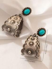 1 Pair Western Vintage Turquoise Bohemian Distressed Silver Sun & Wave Wide Plate Earrings - Silver - View 4