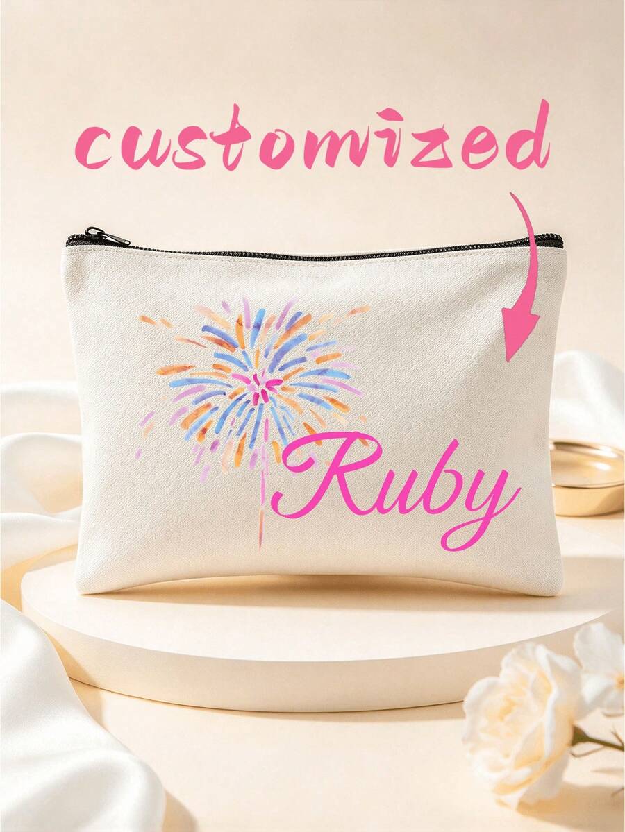 Personalized Eucalyptus Cosmetic Bag, Customized Text Makeup Bag, Travel Toiletry Storage Bag, Bridesmaid Gift, Birthday, Christmas, Wedding Favor