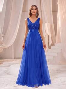 XUCTHHC Elegant Sequin Embroidery & Mesh V-Neck Sleeveless A-Line Evening Gown, Suitable For Prom, Party, Wedding Guest, Holiday, Autumn/Winter - Royal Blue - View 11