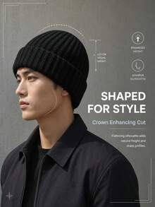 Mũ len beanie nam màu trơn dệt gân, mũ mùa đông dày ấm có gập vành, mũ skull cap phong cách thường ngày cho thời tiết lạnh, mặc ngoài trời hàng ngày - Nhiều màu - Xem 3