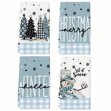 聖誕廚房抹布 4 件組，淺藍色水牛格紋聖誕樹雪人 Let It Snow 餐巾，冬季節日廚房裝飾，適用烹飪烘焙 - 淺藍色 - 查看 8