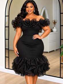 Plus Size Black Off Shoulder Ruffle Mermaid Dress Women Mesh Patchwork 3D Floral Fashion Bodycon Evening Elegant Wedding Party Night Out Dresses - Black - View 8