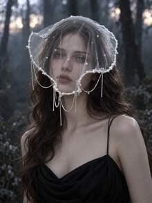 1pc Vintage Pearl Bird Cage Veil Bridal Headpiece, Elegant Rhinestone Tassel Face Veil - White - View 2