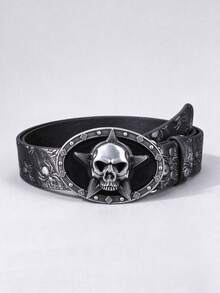 1pc Halloween Party Skull Buckle PU Printed Black Belt, Street Punk Unisex Design - Multicolor - View 5