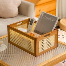 Minimalist Indoor Living Room Storage Basket, Nordic Style, Multi-Functional, Made Of Breathable Plastic And Rattan, Large Capacity, Can Be Used As Desktop Storage Organizer For Various Items - Small Storage Box, Tea Color - View 3