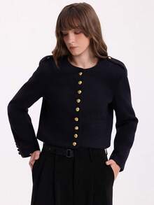 Women's Short Crew Neck Long Sleeve Old Money Style Wool Jacket - Navy Blue - View 3