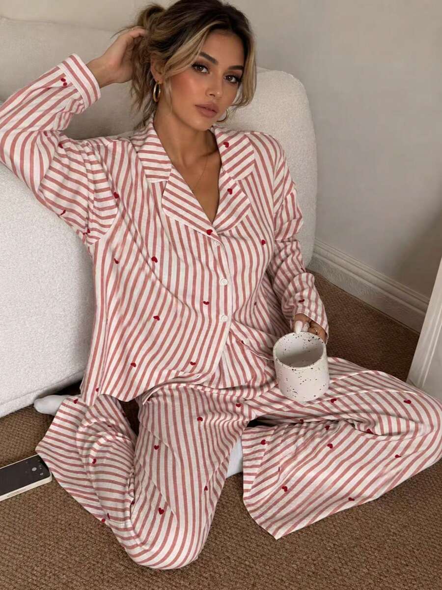 Nina Bonheur 2pcs Women Loose Comfortable Breathable Long Sleeve Top And Long Pants Pajama Set, Cute Home Wear