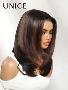 UNice Bye Bye Slip 7x5 Lace Chocolate Brown With Auburn Highlights Shoulder Length Layered Bob Glueless Wig Pre Plucked Pre Cut Bleached Knots Beginner Friendly Ready To Go 150% Density - Multicolor - View 9