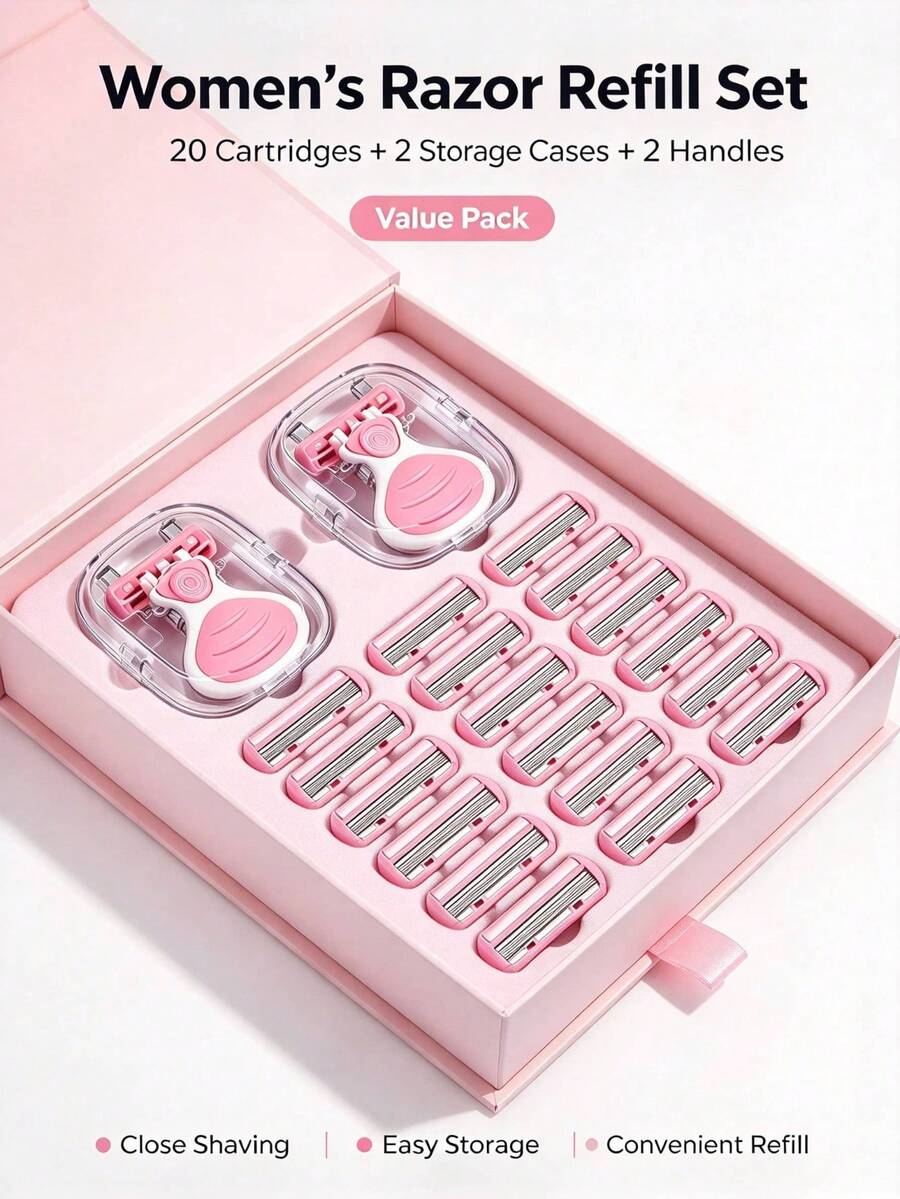 Women's Manual Razor Gift Set, 2 Handles + 20 Stainless Steel Replacement Blades + 2 Storage Cases, 6-Layer Safety Shaver, Sensitive Skin Friendly, Smooth Close Shave, Portable Body Hair Remover For Legs, Armpit & Bikini Line - Upgraded Version - View 1