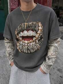 Krometka Men's American Hip-Hop Style Rhinestone Lips Chain Print 2-In-1 Long Sleeve T-Shirt, Leaf Camouflage Patchwork Loose Drop Shoulder Crew Neck Top - Grey - View 3
