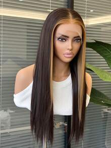 24 Inch Long Straight Synthetic Wig With Blonde Money Piece Highlights For Women Dark Brown Heat Resistant Fiber Glueless Middle Part Hair Wig For Daily Party Wear - Brown - View 10