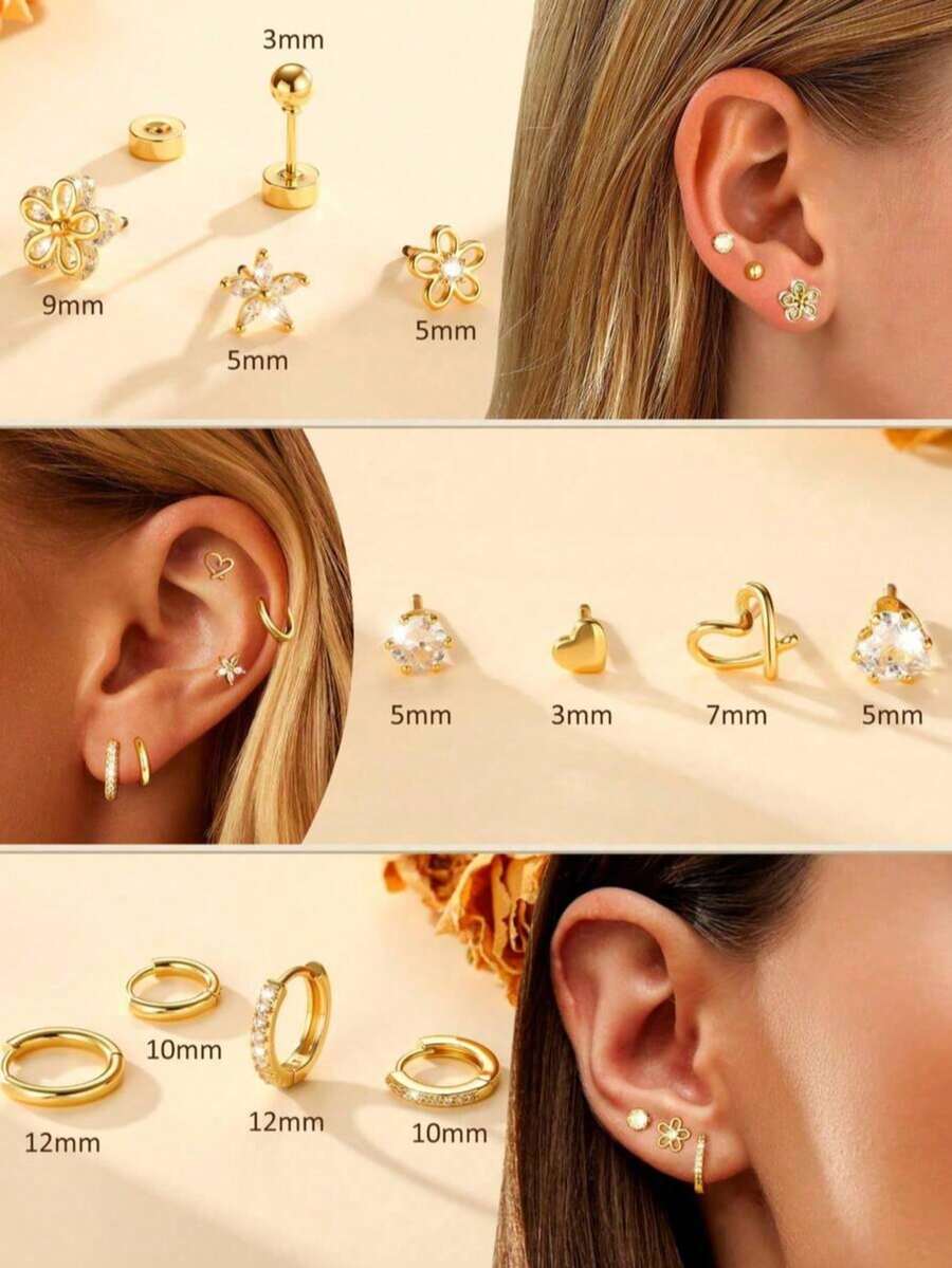 1 Set Hypoallergenic Women's Gold Stud Earrings - 14K Gold Plated ...