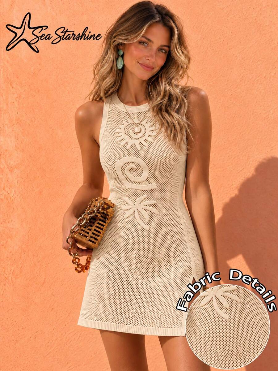 Sea Starshine Spring/Summer New Bohemian Jacquard Knit Vest Dress, Sun And Palm Tree Pattern Beach Vacation Style Coverup Mini Dress, Chic Openwork Knit, Suitable For Travel, Afternoon Tea And Holiday Outings, Resort Wear - Apricot - View 1
