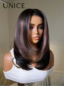 UNice Bye Bye Slip 7x5 Lace Chocolate Brown With Auburn Highlights Shoulder Length Layered Bob Glueless Wig Pre Plucked Pre Cut Bleached Knots Beginner Friendly Ready To Go 150% Density - Multicolor - View 10