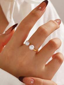 1pc Stainless Steel 18K Gold Plated Fashion Pearl Ring Suitable For Women's Daily Wear - Multicolor - View 2
