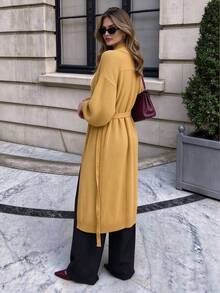 Women's Autumn/Winter Solid Color Tie-Front Ribbed Drop Shoulder Lantern Sleeve Loose Mid-Length Knit Cardigan - Camel - View 3