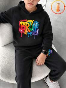 2pcs/Set Tween Boy Graphic Print Casual Fleece Hoodie And Fleece Pants, Autumn/Winter Outfit - Black - View 2