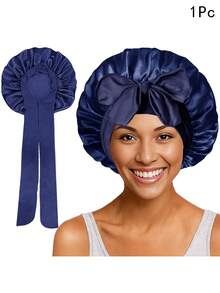 Awegeo 1pc Women's Sleep Cap, Solid Color With Drawstring, Silky Satin Material, Casual & Comfortable, Suitable For Hair Care And Sleep, Valentine's Day Gift Sleep Bonnet - Navy Blue - View 2
