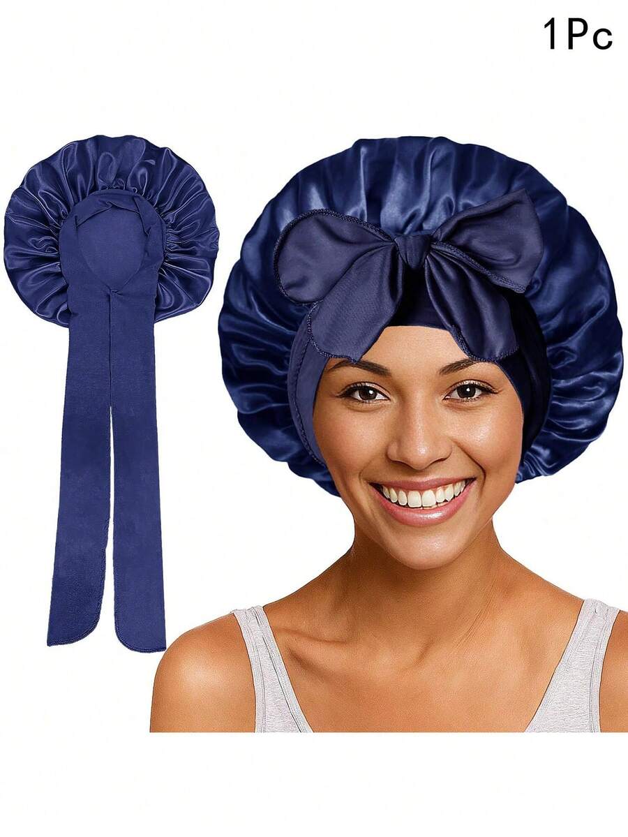 Awegeo 1pc Women's Sleep Cap, Solid Color With Drawstring, Silky Satin Material, Casual & Comfortable, Suitable For Hair Care And Sleep, Valentine's Day Gift Sleep Bonnet