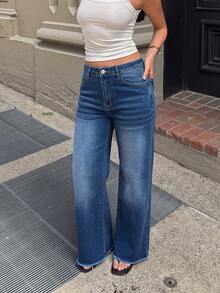 Women's Urban Casual Style Light Wash Straight Leg Denim Jeans, Extra Long With Pockets, Mid-Stretch Fabric - Dark Wash - View 5