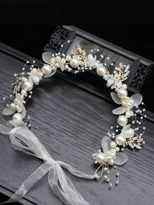 1pc White Leaf Flower Headband, Gold Headband, Floral Hair Accessory, Alloy Crown Hair Accessory Suitable For All Seasons - White - View 6