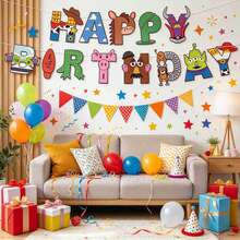 1set Birthday Banner With Fun Character Letter Design. Comes With String For Easy Hanging. Perfect Backdrop Decoration For Birthday Parties, Brighten Up Your Party Space.(Stochastic Style) - Multicolor - View 1