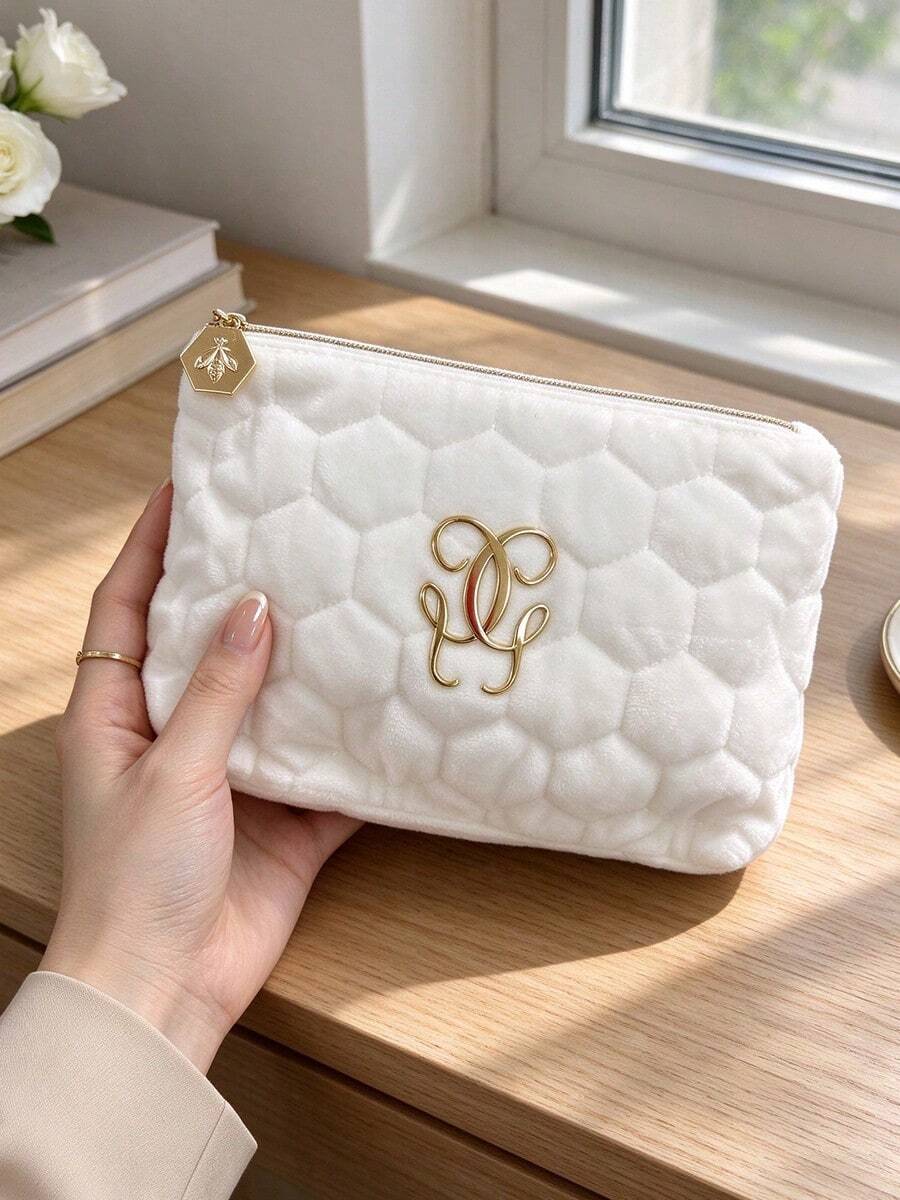 Gentle Luxury Quilted Plush Makeup Bag, Honeycomb Embossed 3D Design, Metal Embossed Logo Bee Zipper Pull, Large Capacity Soft Shock-Proof, Suitable For Commute, Short Trips, Home Storage, Self-Use And Gifting, GUERLAIN - White - View 1