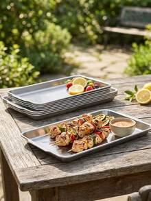 MiLaiWP 1pc Stainless Steel Rectangular Tray, Rust-Resistant, Easy To Clean And Durable, Multi-Functional Stainless Steel Kitchen Storage And Serving Dish, Suitable For Food Prep, Meat Marinating Or Elegant Dessert Platter, Perfect Gift For Families Who Value Kitchen Practicality And Aesthetic Living - Silver - View 11
