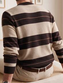 Men's Grey Striped Sweater, Suitable For Business, Commuting, And Casual Wear; A Thick, Round-Neck Knit Sweater For Autumn And Winter. - Khaki - View 6