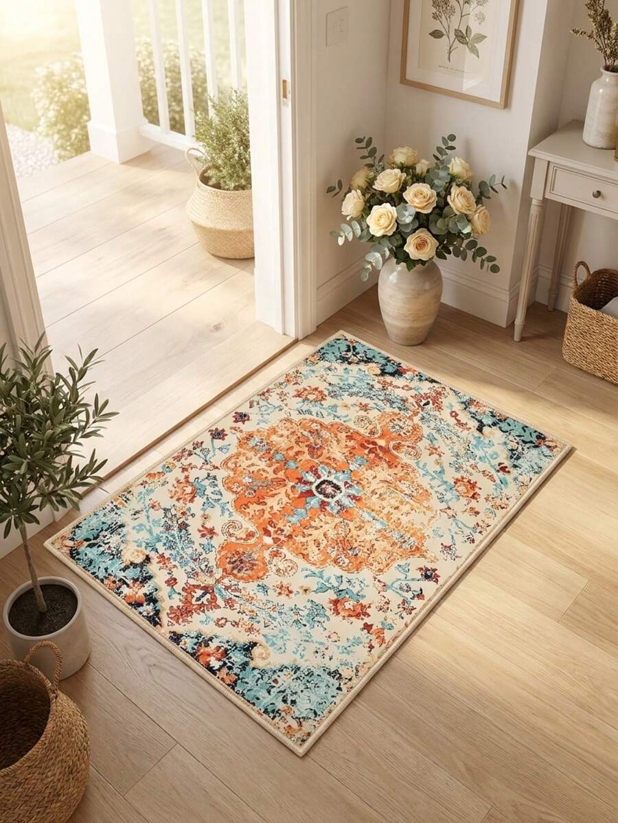 1PC Beige Orange Blue Vintage Persian Floral Pattern Faux Cashmere ...