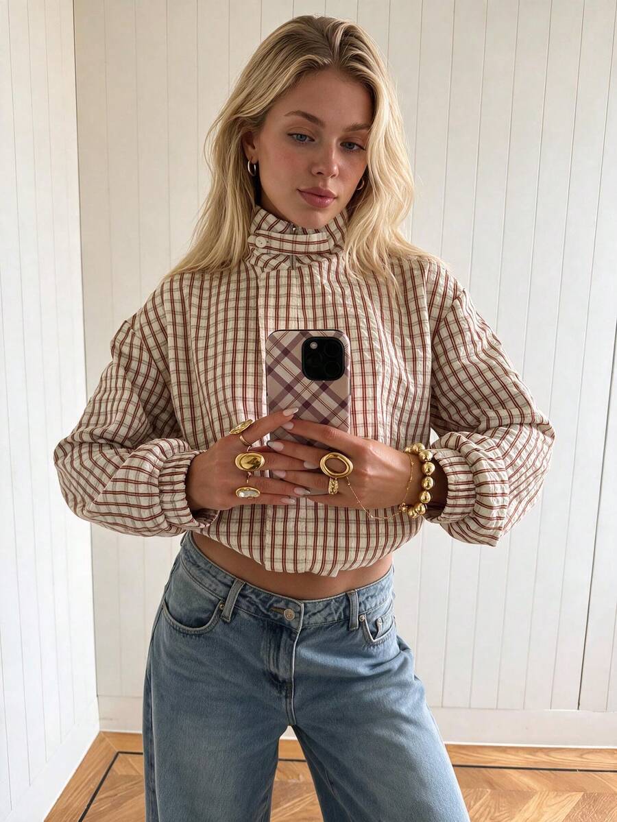Women's Spring/Autumn Thin Red Plaid Zip-Up Mock Neck Shirt, Long Sleeve Loose Button Cuff Blouse, Preppy Style Casual Shirt - Light Brown - View 1