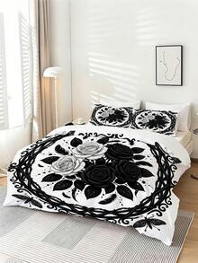 3PCS Gothic Style Romantic Rose Pattern Duvet Cover Set (1 Duvet Cover + 2 Pillowcases, Duvet/Pillow Inserts Not Included), Black And White Rose And Butterfly Print Bedding, Soft Polyester Fiber All-Season Washable Bedding Set, Available In Sizes: Extra Large, Large, Standard Double, Single. Suitable For Bedroom, Guest Room, School Dorm, Hotel All-Season - Multicolor - View 5