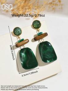 OOQ 1 Pair Vintage Tie Dye Resin Beaded Patchwork Earrings, Asymmetrical Square Long Dangle Earrings For Women, Exquisite Holiday Gift For Daily Commute And Date Wear - Green - View 2