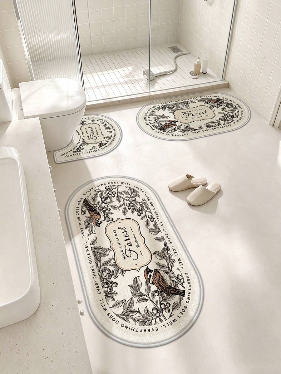 1/3pcs Bathroom Anti-Slip Absorbent Floor Mat, Soft Plush Faux Cashmere Polyester Rug, Suitable For Room, Garden, Yard, Bathroom, Kitchen, U-Shaped Toilet Mat, Sink Absorbent Foot Mat, Home Bathroom Decor Carpet - Vintage Sketch Floral and Bird - View 1