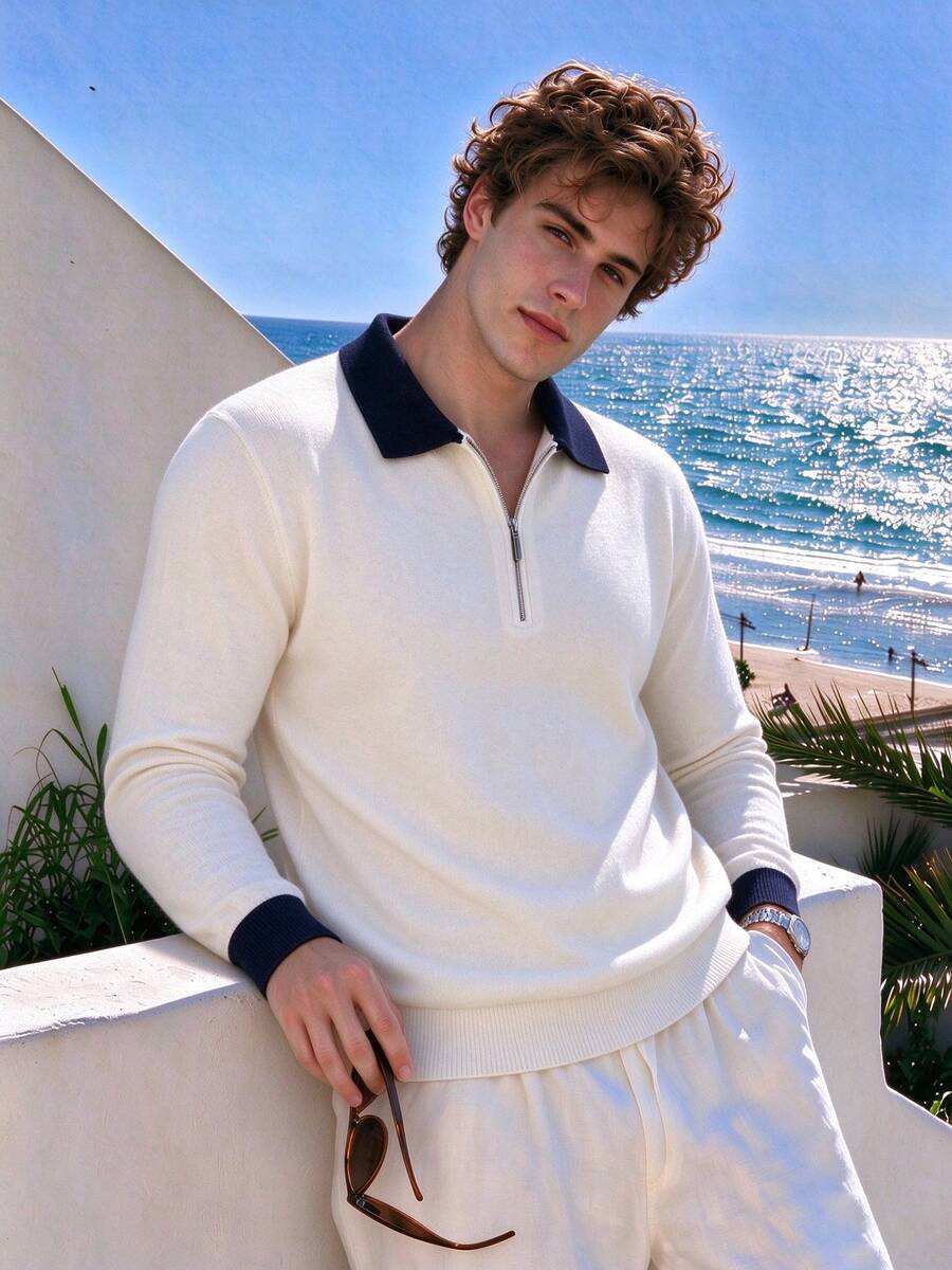 Men's Autumn/Winter Popular Minimalist Solid Color Contrast Collar Long Sleeve Polo Shirt - White - View 1