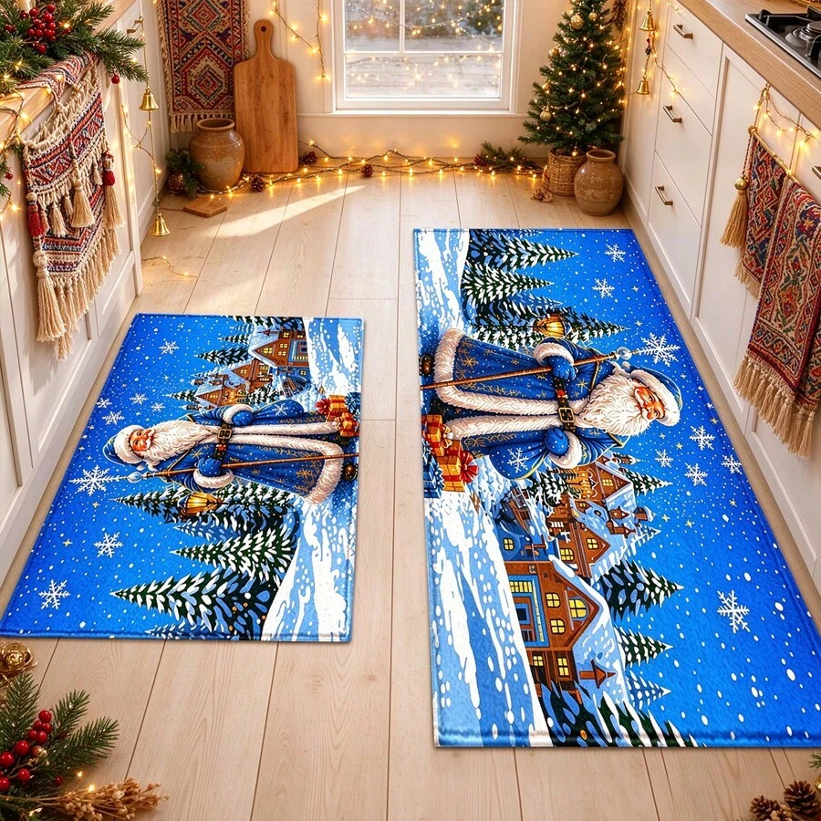 1pc Kitchen Floor Mat, Soft Faux Cashmere Material, Blue Santa Claus Snowflake Pattern, Non-Slip Mat For Kitchen, Bathroom, Entryway, Suitable For Multiple Scenes, Room Decor, Holiday Gift - Multicolor - View 1
