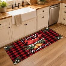 1pc Kitchen Floor Mat, Soft Faux Cashmere Material, Christmas Plaid Red & Black With Bird, Bell & Pine Branch Design, Non-Slip Mat For Kitchen, Bathroom, Entryway, Room Decor, Holiday Gift - Multicolor - View 4