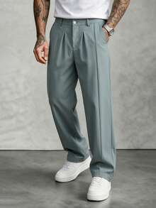Mint Blue Pleated Wide Leg Casual Pants, Draped Loose Straight Leg American Style Long Trousers For Men - Mint Blue - View 3