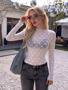 Women's Long Sleeve Y2K Lace Shrug Slim Fit Top - White - View 2