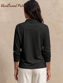 Vancamel Pulse Women's Outdoor Sports Minimalist Solid Color Long Sleeve Polo Shirt, Versatile Commute Slim Fit Top - Black - View 4